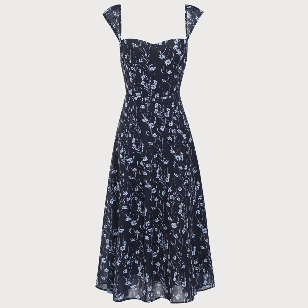 Rihoas Navy Floral Sweetheart Neck Midi Dress - Picture 5 of 10